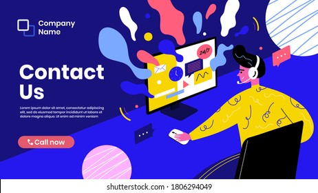 Customer service website illustration theme. Support page. Contact us landing page template flat design. Business web page vector. The business staff calls customer care. Can use for banner mockup 