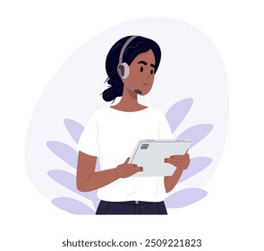 Atendimento ao cliente. Uma mulher com um fone de ouvido crm está segurando um tablet. Atendimento ao cliente, telemarketing e call center. Ilustração vetorial em estilo plano