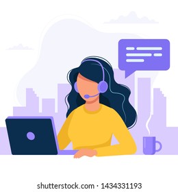 Customer service, woman with headphones and microphone with computer. Concept illustration for support, assistance, call center. Vector illustration in flat style