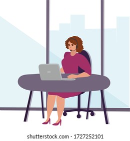 Customer service. Woman with headphones and microphone with laptop. Concept illustration for support, assistance, call center. Vector illustration in flat style