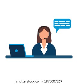 Customer service. Woman with headphones and microphone with laptop. Illustration for support, call center. Vector graphics
