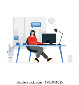 Customer service. Woman with headphones and microphone with laptop. Concept illustration for support, assistance, call center, modern flat illustrations.