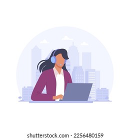 Customer service. Woman with headphones and microphone with a laptop on the city background. Concept illustration for hotline operator support, and call center. Vector illustration in flat style