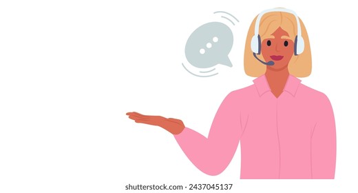 Customer service. Woman with headphones and microphone showing to the space. Concept illustration for support, assistance, call center. Vector illustration in flat style.