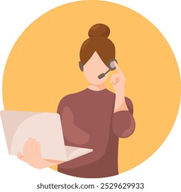 Atendimento ao cliente. Mulher com fones de ouvido e microfone com laptop. Ilustração do conceito para suporte, assistência, call center. Ilustração vetorial em estilo plano