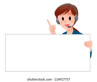 Customer Service woman holding a blank board isolated against white background