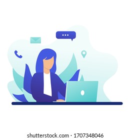 Customer service. Woman with laptop. Concept illustration for support, assistance, call center. Vector illustration in flat style