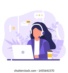 Customer service, woman with long hair sitting at table with a laptop, with headphones and a microphone, around icons support elements, coffee and flowers . Flat style vector illustration.