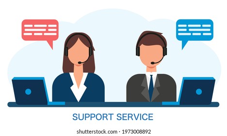 Customer service. Woman and man with headphones and microphone with laptop. Illustration for support, call center. Vector graphics