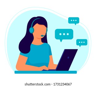 Customer service. Woman operator call center with headphones and microphone with laptop. Support, assistance, call center, hot line, help, response, consultation. Vector illustration in flat style