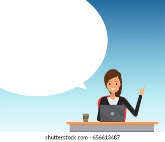 Customer service woman with speech bubble. Business woman working with a laptop. Illustration vector.