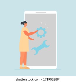 Customer service. Woman uses smartphone for online support. Cartoon vector illustration