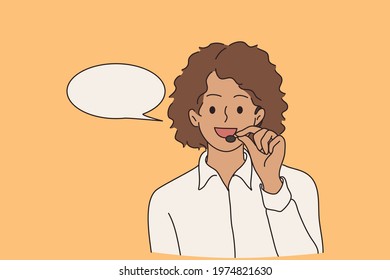 Customer service worker concept. Young smiling positive african american telemarketer woman cartoon character showing mobile phone equipment call gesture with fingers vector illustration 