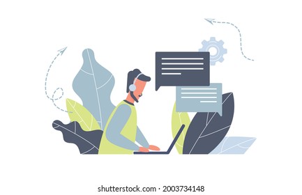 Trabajador de servicio al cliente con auriculares y servicio de laptop o consulte a los clientes en computadoras.Operador de línea directa 247, soporte técnico global en línea, Centro de llamadas, sistema de procesamiento de llamadas. Vector
