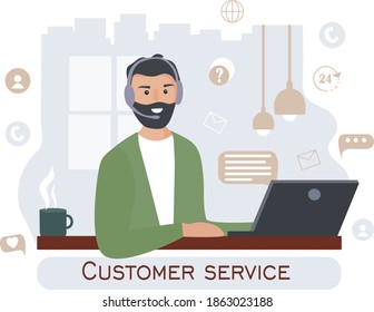 Trabajador de servicio al cliente. El hombre trabaja a distancia, con auriculares y un micrófono, detrás de un portátil. Área de trabajo principal. Concepto empresarial de trabajo a distancia. Ilustración plana del vector