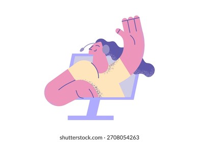Trabajador de Servicio al cliente que proporciona el concepto de Asistencia. Joven sonriente positiva telemarketer mujer personaje de dibujos animados que agita la mano de la pantalla del ordenador portátil gesto con los dedos Ilustración vectorial
