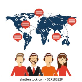 customer service workers with headset and world map with speech bubble . export and import colorful design. vector illustration