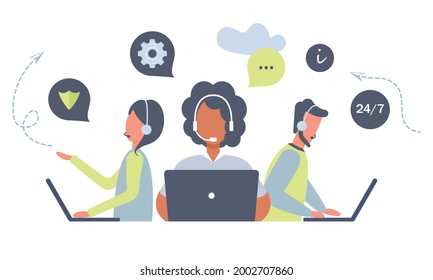 Mitarbeiter des Kundendienstes mit Headsets und Laptops-Service oder Beratung von Kunden auf Computern.Hotline-Betreiber arbeiten 247, globaler technischer Online-Support, Call-Center, Call-Processing-System. Vektorgrafik