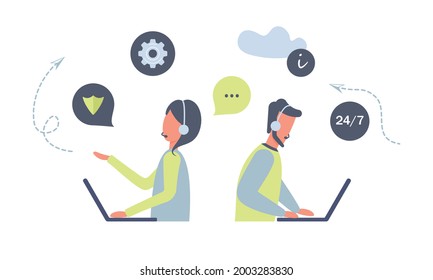 Customer service workers with headsets and laptops service or consult customers on computers.Hotline operators work 247, global online technical support, Call center, call processing system. Vector