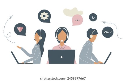 Customer service workers with headsets and laptops service or consult customers on computers.Hotline operators work 24 7, global online technical support, Call center, call processing system. Vector