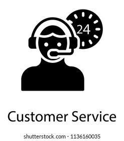Customer services representative with headphone and clock in the background with 24 symbolising, 24 hours customer support icon  