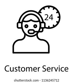 Customer services representative with headphone and clock in the background with 24 symbolising, 24 hours customer support icon  