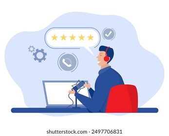 Customer service,Smiling office operators with headsets characters.on computers, 24 7 global online technical support, Call center, call processing system, Vector illustration