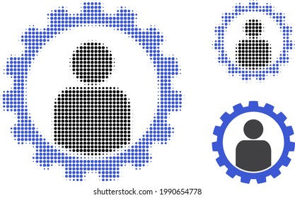Customer setup gear halftone dotted icon. Halftone array contains round pixels. Vector illustration of customer setup gear icon on a white background.