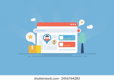 Customer sharing feedback and reviews for search engine business listing, SEO business listing, SEO reviews - vector illustration background with icons