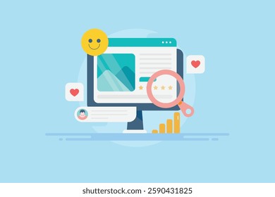 Customer sharing online feedback, Customer rating and review, Search engine displaying product review and rating, eCommerce rating - vector illustration background