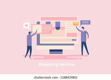 Customer Sharing Online Shopping Review, Customer Shopping Rating, Customer Ecommerce Experience - Flat Design Vector Illustration With Icons And Characters