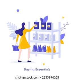 Customer with shopping basket and canned food or preserves on shelves. Concept of buying essential products at grocery store, economic consumption. Modern flat vector illustration for banner, poster.