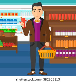 Customer with shopping basket and tube of cream.