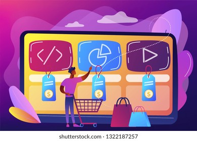 Customer with shopping cart buying digital service online. Digital service marketplace, ready digital solution, online marketplace framework concept. Bright vibrant violet vector isolated illustration