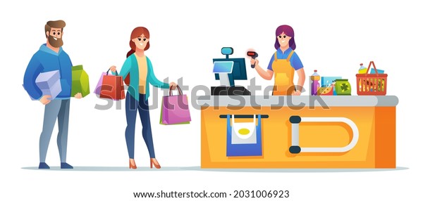 Customer Shopping Cashier Supermarket Checkout Counter Stock Vector ...