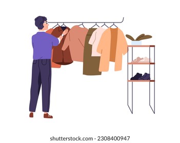 Customer shopping, choosing clothes. Person in showroom, searching apparel on hanger rail. Man shopper looking for garment in fashion store. Flat vector illustration isolated on white background