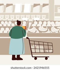 Customer shopping at grocery. Consumer choosing fruit at department store. Buyer with hypermarket cart, trolley in supermarket. Black woman buying food at greengrocery. Flat vector illustration