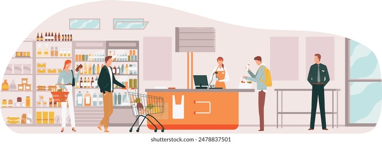 Cliente de compras tienda de comestibles, selección de productos de estante, vestimenta. Cliente masculino que empuja las compras del Carrito, pasillo de compras, elegir los artículos, mostrador del Completar compra de los productos de la exploración, que paga