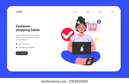 Customer shopping habits web banner or landing page. Consumerism behavior and preferences. E-commerce, online purchase decision making. Character buying behavior. Flat vector illustration