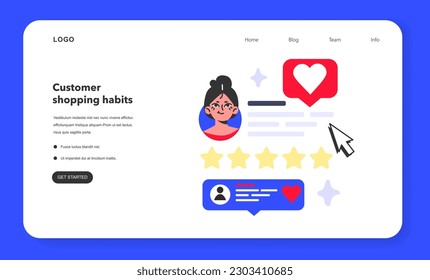 Customer shopping habits web banner or landing page. Consumerism behavior and preferences. E-commerce, online purchase decision making. Character buying behavior. Flat vector illustration