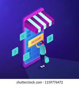 Customer shopping with mobile phone and add to cart note. Internet shop, e-commerce and online marketing, online purchase website concept. Blue violet background. Vector 3d isometric illustration.