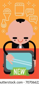 Customer Shopping for New Tablet Touch Screen Smart Phone device Looks at a product as white line icons float around his head Client Shopping Illustration Vector Decision
