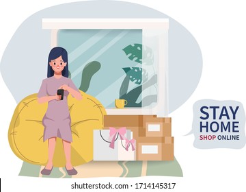 Customer shopping online during covid-19. Stay at home avoid spreading the coronavirus. Online shopping on mobile concept.