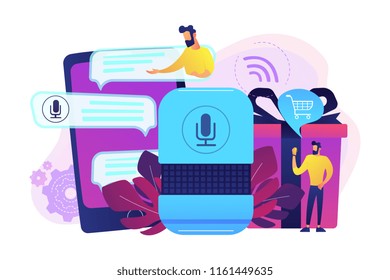 Customer shopping online, ordering goods and delivery with smart speaker. Voice activated digital assistants, voice controlled online shopping concept, violet palette. Vector isolated illustration.