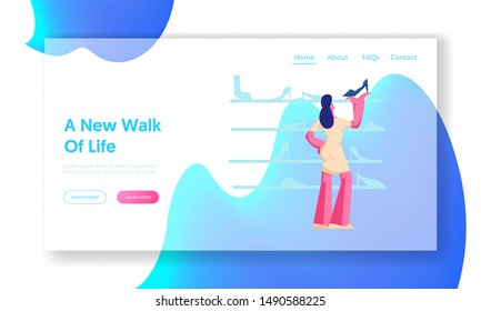 Customer Shopping Spare Time Website Landing Page. Young Woman Watching and Choose Shoes Standing on Shelves at Footgear Store. Stylish Girl Shopaholic Web Page Banner Cartoon Flat Vector Illustration