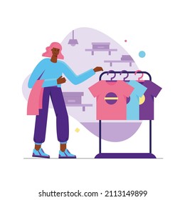 Customer shopping at store modern flat concept. Happy woman chooses clothes in modern showroom of shop. Buyer makes purchases at boutique. Vector illustration with people scene for web banner design