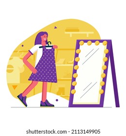 El cliente compra en la tienda un concepto moderno y plano. Mujer feliz probando un nuevo vestido con espejo en una tienda de ropa. El comprador realiza compras. Ilustración vectorial con escena de personas para diseño de banners web