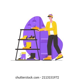 Customer shopping at store modern flat concept. Happy man chooses new shoes, tries on footwears standing near rack with goods in showroom. Vector illustration with people scene for web banner design