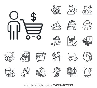 Signo de Cliente. Dinero en efectivo, préstamos e iconos de esquema de hipoteca. Comprador con icono de línea de Carrito de compras. Símbolo de cliente de supermercado. Signo de la línea del comprador. Tarjeta de crédito, icono de monedero cripto. Vector