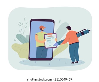 Customer signing delivery receipt with huge pen. Courier on big phone screen holding clipboard flat vector illustration. Online shopping, delivery service concept for banner or landing web page